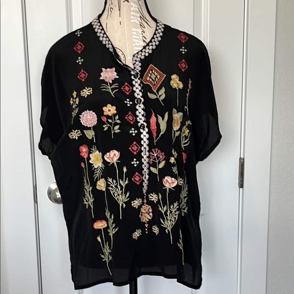 Johnny Was Black Embellished Blouse with Mandarin Collar